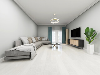 There are cloth sofa and table in the clean living room