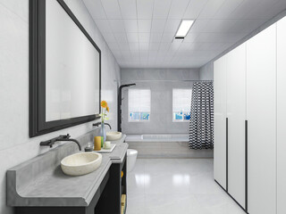 The clean and bright washroom is equipped with washstand, bathroom and other facilities