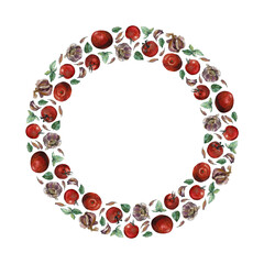 Wreath of red cherry tomatoes, green basil leaves and garlic cloves and bulbs, isolated on white. Watercolour illustration.  For cookbook, card, invitation, recipe, menu and packaging design.