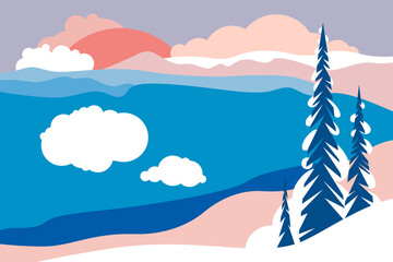 Landscape with mountain peaks, hills, forests and fields, foot, slopes, glaciers. Horizontal poster on the theme of tourism, environmental protection, ecology. Vector illustration in a flat style.