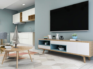 There are cloth sofa and table in the clean living room