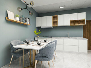 Clean and tidy dining room has wooden table and chair, very neat and clean