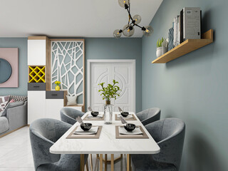 Clean and tidy dining room has wooden table and chair, very neat and clean