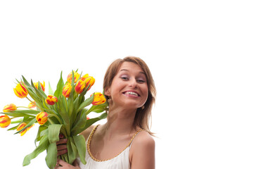 Beautiful blonde woman with tulips bouquet