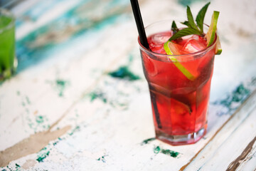 Fresh strawberry mojito or lemonade with mint