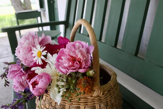 bouquet of flowers in a basket