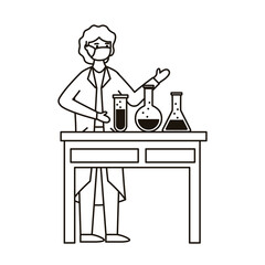 Fototapeta premium female doctor wearing medical mask woking in laboratory desk line style icon