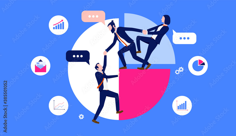 Poster business teamwork illustration - businesspeople working together and giving a helping hand on pie ch