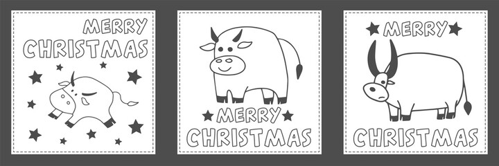Vector set of Christmas postcards. Doodle bulls or cows with text, isolated on white background