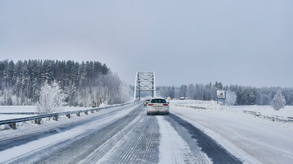 Frosty winter road in Norrbotten, Sweden