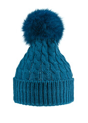 Beautiful knitted blue winter cap of wool yarn with fluffy fur pompom, isolated on a white background.