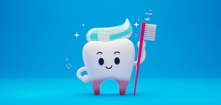 3D render of cute, funny tooth character holding giant toothbrush with toothpaste up on head 