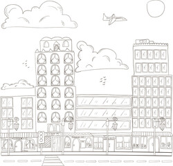 Background with hand drawn doodle houses in black and white.