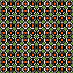 Vector seamless pattern background texture with geometric shapes, colored in orange, black, brown, black, green colors.