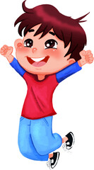 Happy cheerful smiling jumping boy in blue jeans and red T-shirt