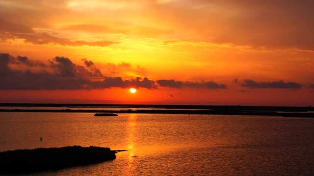 4k video of the sunrise in the natural park of the river ebro delta, a site full of birds and wildlife.