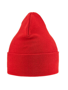  Beautiful red knitted sports cap, warming its head in a cold period, isolated on a white background. Sports and healthy lifestyle.