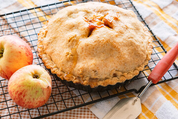 Autumn classic American fair apple pie with crust, on the kitchen table, autumn classic desserts 