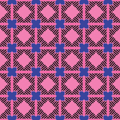 Vector seamless pattern background texture with geometric shapes, colored in pink, black, blue colors.