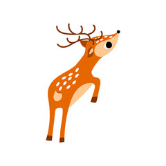Cute cartoon jumping deer. Side view. Nice woodland character isolated on white background. Vector illustration.