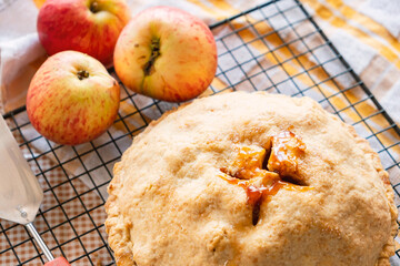 Autumn classic American fair apple pie with crust, on the kitchen table, autumn classic desserts 