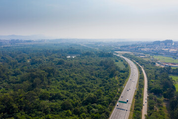 Ayrton Senna highway next to the Tiete ecological park in Sao Paulo, Brazil, seen from above
