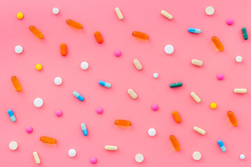 Pills and medicines pattern top view, medical pills and tablets background