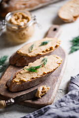 Toasts with pate and fresh dill. Healthy appetizer.