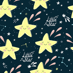 Seamless childish pattern with Cute cartoon moon, stars, comets and planet in the night sky. Good night vector pattern. Little Star