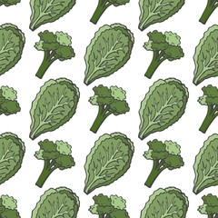 Seamless pattern with hand drawn broccoli and green salad. Light background for your kitchen. Vegetable background. Organic food. Vector illustration.