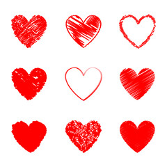 Heart hand drawn icons set isolated on white background. Collection of hand drawn hearts for web site, love symbol, wallpaper and Valentine's day. Creative art, modern concept. Vector illustration