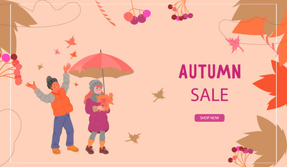 Autumn or fall website banner for shop seasonal sale with cute kids playing with autumn leaves, flat cartoon vector illustration. Colorful background for children goods sale poster or web page.