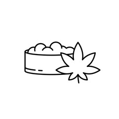 Hemp powder in box. Linear icon of marijuana grinder. Black simple illustration of ground dry flour of plant. Contour isolated vector pictogram on white background