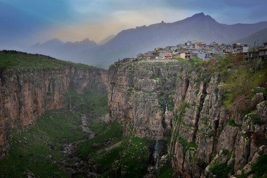 The city of Rawanduz on the edge of a canyon called the Grand Canyon of the Middle East, which forms an entire branching system leading into the valley of the Great Zab River in Kurdish Iraq.