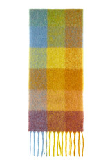 Beautiful warm winter scarf made of natural wool of warm tones of checkered with fringe, folded in...