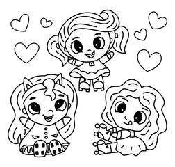 Happy cartoon girls with big eyes, doodle collection - Vector illustration with three girls on roller skates