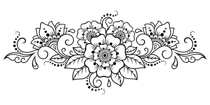 Mehndi flower pattern for Henna drawing and tattoo. Decoration in ethnic oriental, Indian style. Doodle ornament. Outline hand draw vector illustration.