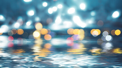 Dark blurred abstract background. A flash of blurry lights. Reflection of city lights on the water....