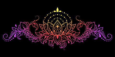Mehndi Lotus flower pattern for Henna drawing and tattoo. Decoration in ethnic oriental, Indian style. Doodle ornament. Outline hand draw vector illustration. Rainbow design on black background.