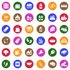 Grocery List Icons. White Flat Design In Circle. Vector Illustration.