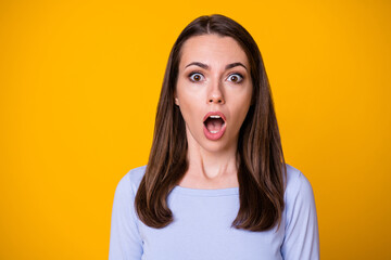 Closeup photo of attractive pretty shocked speechless lady open mouth look on camera terrified eyes...
