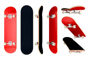 skateboard red color, plain and blank deck. Set of isolated object in different angle, mock up template for your logo and graphic design. © Magnetu