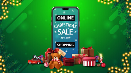 Online Shopping, Christmas sale, up to 25% off, discount banner with smartphone with offer on screen and presents around