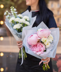 Colorful flowers assorted bouquet in paper. Holiday celebration concept. Bouquet of beautiful...