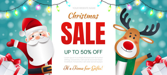 Christmas sale. Santa Claus and Deer with gifts announces holiday discounts.