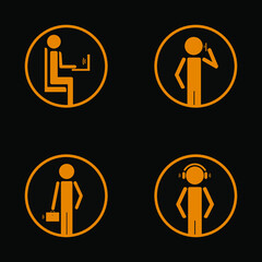 Icons of people: working at the computer, talking on the phone, going to a meeting, listening to audio.