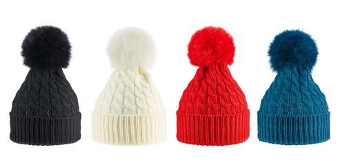 Set of four woolen winter knitted hats of different colors with pompoms, isolated on a white background. Trends of this winter.
