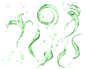 Set splashing of green liquid abstract background, 3d rendering