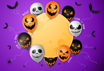 Halloween party  banner ,scary balloons, bat,spider, spider web ,full moon isolated  on purple  background, text boo, trick or treat  , sale banner template ,website, poster, vector illustration
