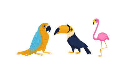 Bright Exotic Birds with Pink Flamingo and Parrot Vector Set